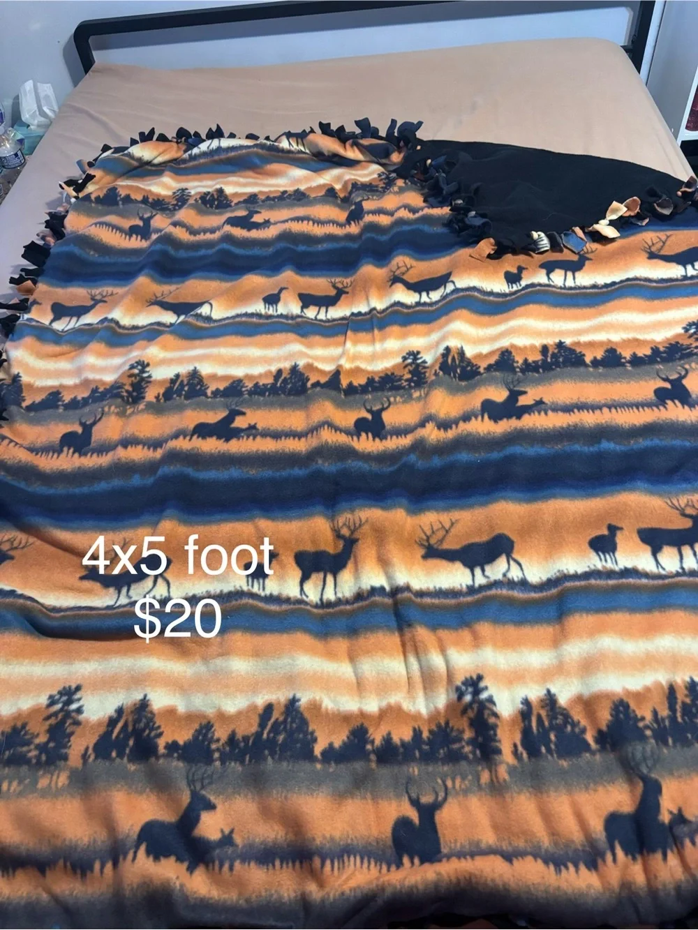 Reversible Deer-Pattern Fleece Throw Blanket - Orange & Navy